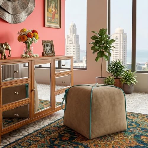 Image of FURNY Signature Regalia Suri Accent Pouf | Boston Fabric | 40D High-Density Foam | (Warm Sand Beige) | Footrest, Vanity Ottoman & Accent Seat for Home, Office & Hotel