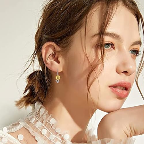 Handmade 3D Sunflower Daisy Flower Dangle Drop Earrings Vintage Silver Leaf Bohemian Little Daisy Flower Hook Earring for Women Cute Elegant Summer Boho Jewelry3