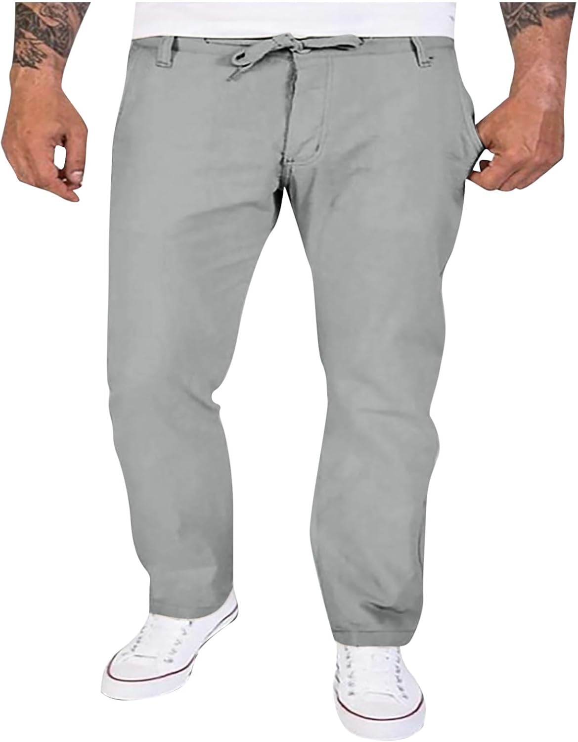 Lmdudan Men's Drawstring Loose Linen Beach Pants Lightweight Elastic Waist Yoga Lounge Straight Leg Trousers with Pockets