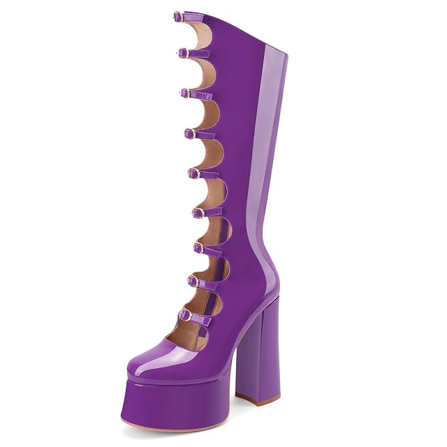 Z Oufeier Womens Gothic Lolita High Chunky Heel Platform Knee High Boots Buckle Strap Patent Leather Heeled Long