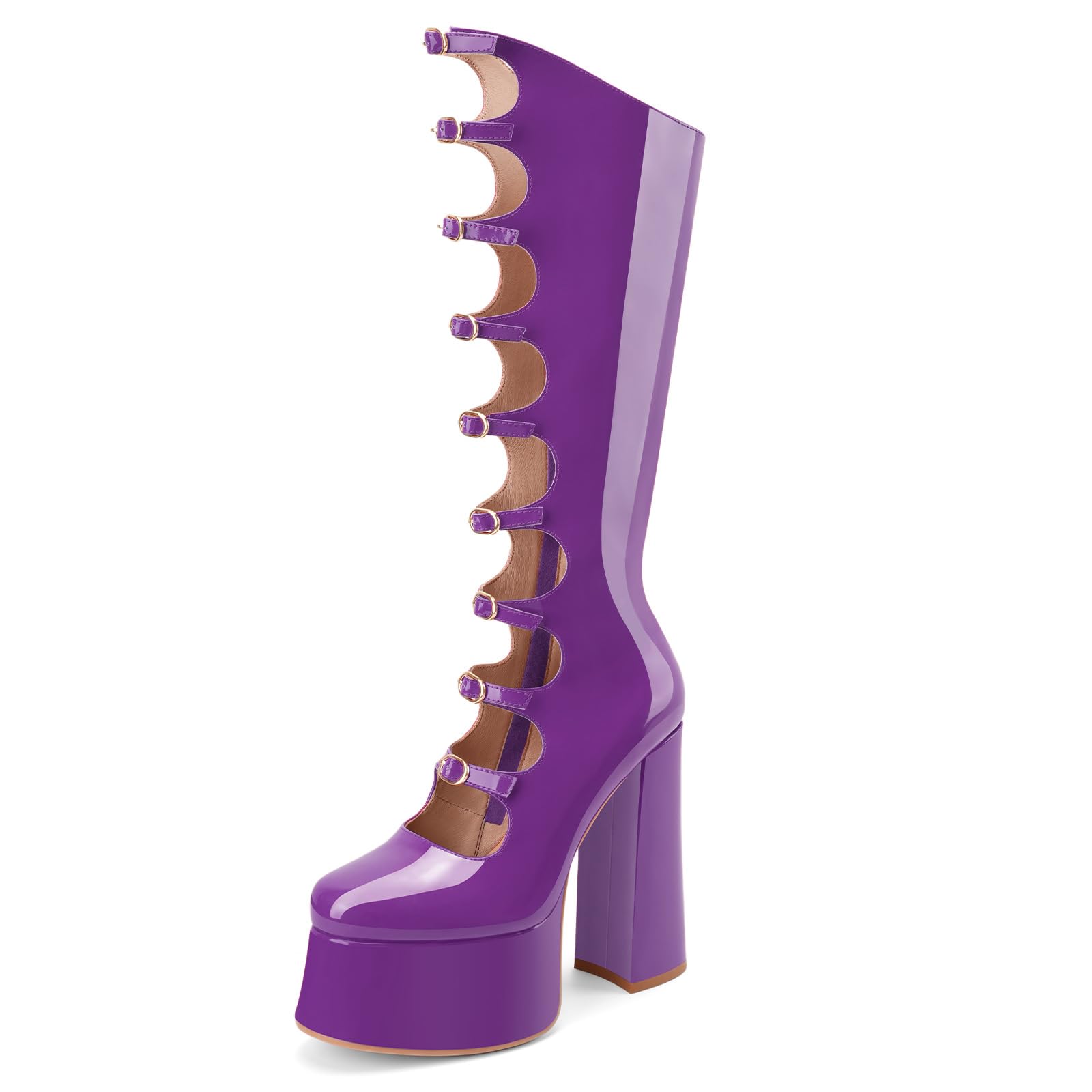 Z Oufeier Womens Gothic Lolita High Chunky Heel Platform Knee High Boots Buckle Strap Patent Leather Heeled Long