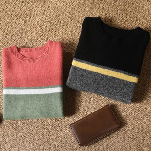 Men’S Merino Wool Patchwork Sweater Color Block O-Neck Pullover Loose Fit Long Sleeve Thick Jumper Tops4