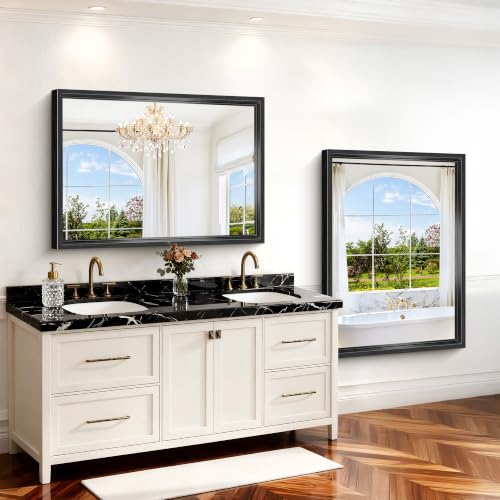 Image of Black Rectangle Mirror, 48 x 36 Inch Large Bathroom Mirrors for Over Sink, 0.6 inch Thickened Deep Frame Rectangular Wall Mirror, Brushed, Tempered Glass, Antirust, Horizontally /Vertically