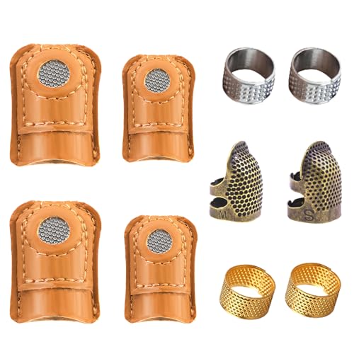 SECBOO 10pcs Sewing Thimbles Kit - 4pcs Leather Guards,6pcs Metal Thimbles for Hand Quilting & Sewing,Thimble Rings,Essential Sewing Accessories for Beginners and Professionals