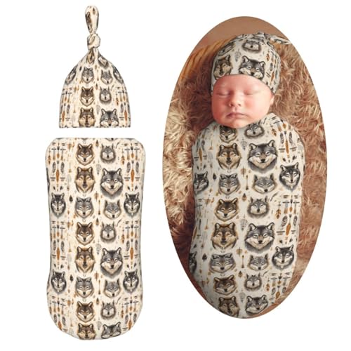 Image of Wolves and Arranged Newborn Swaddle Blankets Hat Sets Soft Baby Receiving Blanket Swaddle Sack for Baby Shower Infant Boy Girl Gift