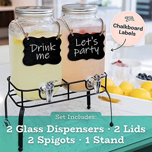 Glass Drink Dispenser For Parties - Set Of 2-1 Gallon Glass Jar Beverage Dispensers With Stand, Glass Water Dispenser Countertop For Weddings, Sun Tea Jar, Lemonade & Laundry Detergent Dispenser #TOP1