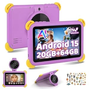 Kids Tablet 7 inch Android 15 Tablet for Kids, 20GB+64GB (TF 1TB), Android Tablet with Parental Control, AI Dual Cam & Learning, WiFi 6/BT 5.3, Widevine L1, Kid Tablet with Protective Case - Purple