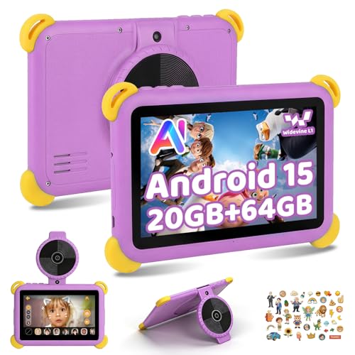 Kids Tablet 7 inch Android 15 Tablet for Kids, 20GB+64GB (TF 1TB), Android Tablet with Parental Control, AI Dual Cam & Learning, WiFi 6/BT 5.3, Widevine L1, Kid Tablet with Protective Case - Purple