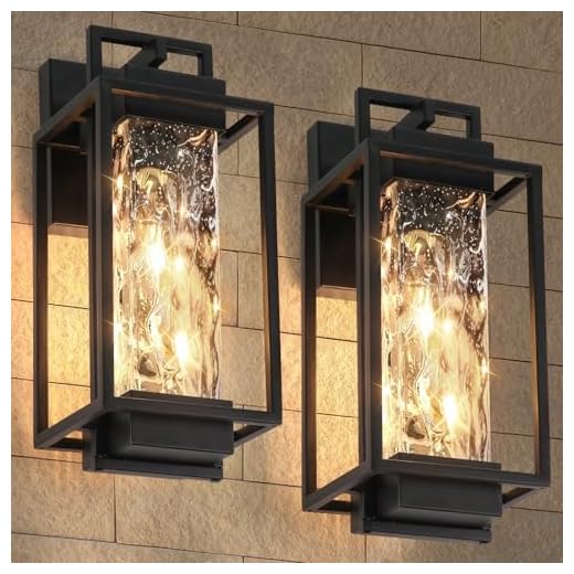 BesLowe 2-Pack Modern Outdoor Wall Lights with 2 LED Bulbs, 15’’ Exterior Lighting Fixtures Wall Mount with Water Ripple Glass, Black Porch Lights Outdoor Wall Sconces, Outside Lights for House Garage