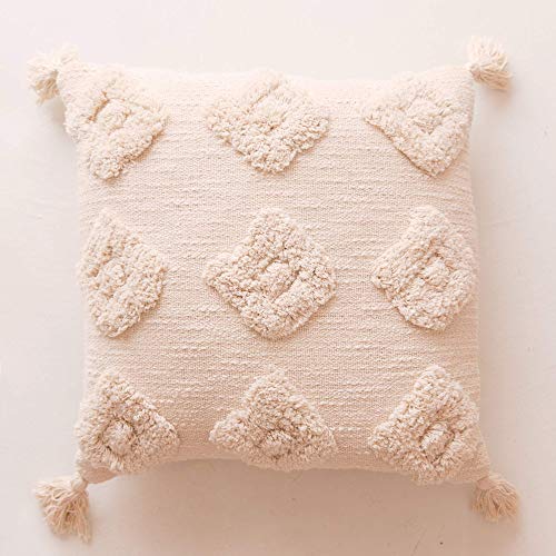 Banilla Single Bohemian Decorative Throw Pillow Cover 18X18 | 100% Cotton Boho Pillow Cover Perfect For Bed Or Couch | Hand Tufted Diamond Design With Tassels | Natural White Decorative Pillow #TOP5