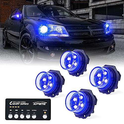 Xprite Blue LED Hideaway Strobe Police Lights Kit, 20 Flashing Patterns Side Marker Grille Hazard Warning Light with Control Panel, for Emergency Vehicles Volunteer Cars Trucks UTV SUV 4PCS