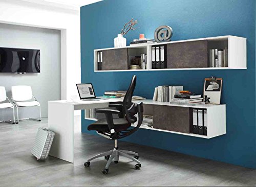 Preisvergleich Produktbild lifestyle4living Schreibtisch, Schiebetürregal, Wandregal, Regal, Set, Bürokombination, Büromöbel, Büroausstattung, Aufbewahrung, weiß, Basalto-Dunkel, ABS-Kante