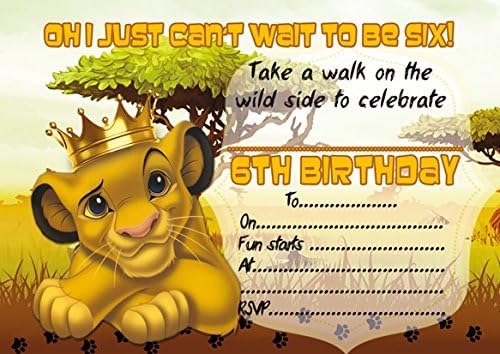 ABV Designs 10 x Lion King Children Birthday Party Invitation with white envelopes (6 Years)