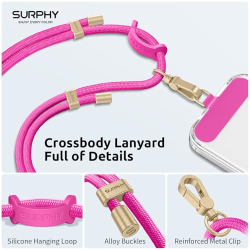 Image of SURPHY Phone Lanyard Crossbody, Phone Strap Crossbody with 2 Tether Tabs | Adjustable Cell Phone Lanyard, Anti Theft Phone Strap, Premium Metal Buckles, Universal Lanyard for Travel, Hot Pink
