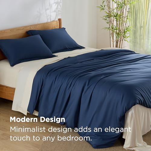 Bedsure Silky Cooling Duvet Cover Queen Size - 100% Rayon Derived from Bamboo Comforter Cover Set for Hot Sleepers, Breathable & Moisture-Wicking Bedding Set, Navy