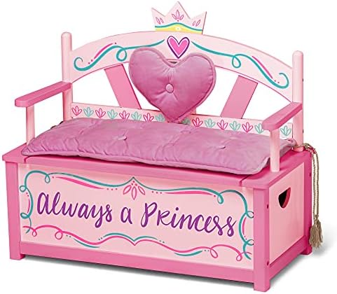 Wildkin Kids Princess Wooden Bench Seat With Storage, Toy Box Bench Seat Features Safety Hinge, Padded Backrest, Seat Cushion, and Two Carrying Handles, Measures 32 x 15.5 x 27.5 Inches (Pink)