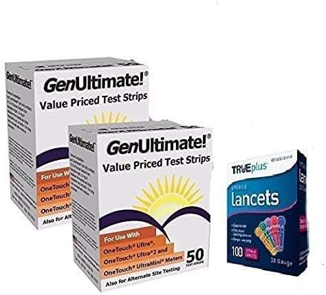 Genultimate Test Strips, Number One Rated Generic, for Use with One Touch Ultra Meter, 100 Count with Generic 100 Lancets