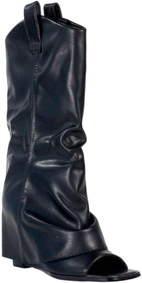 Women Fold Over Boots Wedge Heel Open Toe Mid Calf Knee High Pull-On Boots Booties