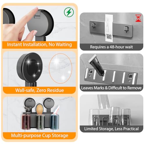 Ceecysaa Toothbrush Holder Wall Mounted, Aluminum Suction Cup Toothbrush Holder with 3 Toothbrush Slots and 3 Cups, Bathroom Organizer Accessories Set for Storing Razor, Toothpaste, and More by Ceecysaa - Image 3