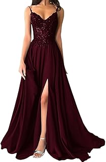 Damen Chiffon Ballkleider Lang V-Ausschnitt Spitzenapplikationen Abendkleider Elegant Brautjungfernkleid A-Linie Ballkleid mit Schlitz
