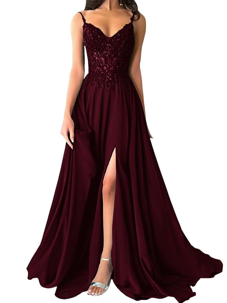 shownicer Damen Chiffon Ballkleider Lang V-Ausschnitt Spitzenapplikationen Abendkleider Elegant Brautjungfernkleid A-Linie Ballkleid mit Schlitz