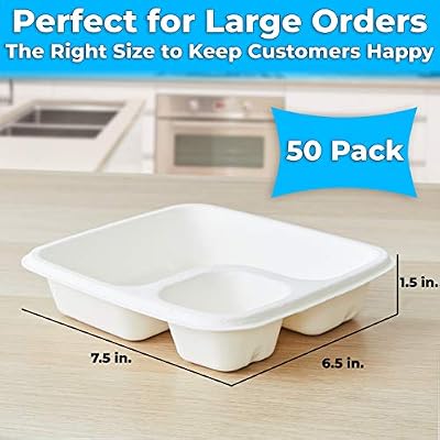 Leak-Free Compostable Bagasse Nacho Trays 50 Pk. Large 2 Compartment Microwave Safe Biodegradable Sugarcane Serving Trays. Durable Divided Holder for Snacks, Nachos, Cheese or Chips and Salsa.