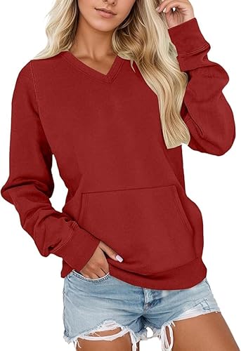 Women's V-Neck No Hood Sweater Casual Lightweight Plain Tunic Top Drop Shoulder Pullover Sweatshirts with Pocket (Red,Large)