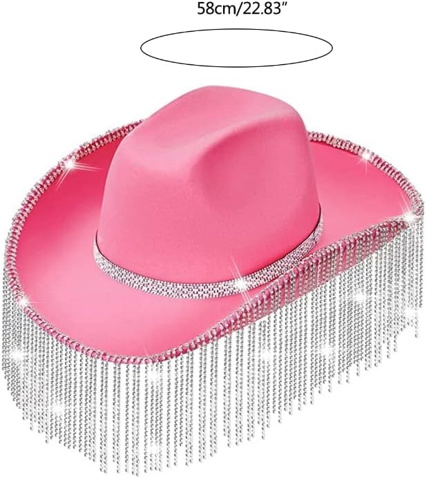 Rhinestones Cowgirl Hats Glitter Rave Cow Girl Hat with Rhinestones Fringe Adult Size Cowboy Hat for Party 3 Color White, White, 5 1/8-5 3/8