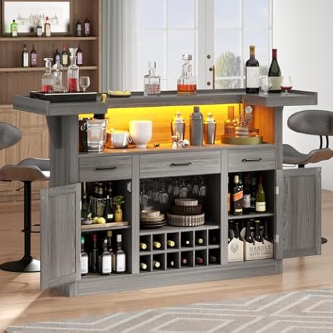 Loomie Bar Table Cabinet with LED & 3 Drawers,Liquor Bar with Adjustable Storage Shelves & Stemware Holders,Crescent Shaped Counter for Home Pub,Wine Alcohol Bar Stand with Wine Rack & Door (Grey Oak) Cover