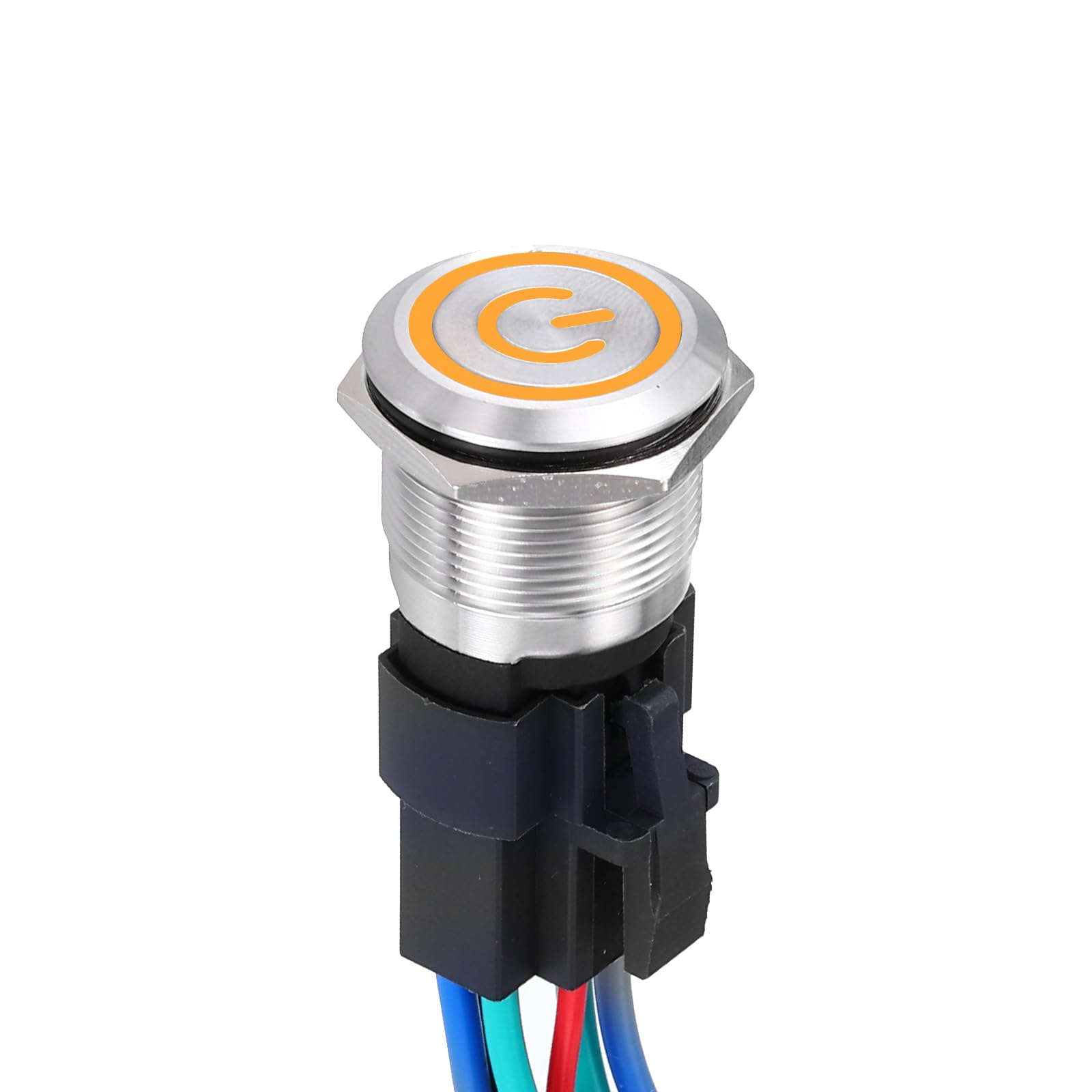 DMiotech 7/8 Inch Stainless Steel Momentary Push Button Switch Flat Head 15A 12-24V Silver Shell 6 Pin with Cable Socket Yellow Ring LED 1NO1NC for Car Boat Systems Custom Setups
