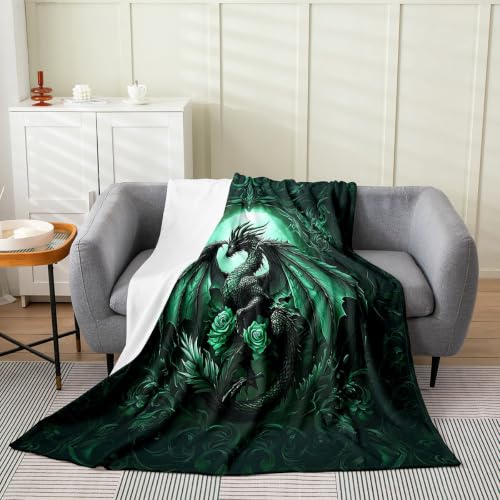 Castle Fairy Gothic Rose Dragon Flannel Throw Blanket Emerald Floral Bed Sofa Couch Partner Dark Mystic Living Room Decor Lightweight Fleece Blanket Room Decor 30"x40"Grass Cyan