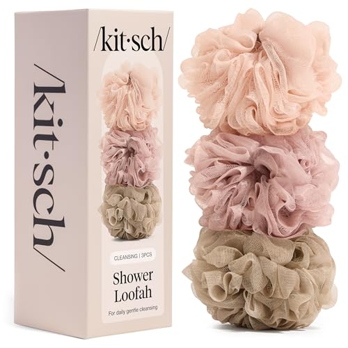 Kitsch Shower Loofah – Soft Mesh Body Scrubber & Bath Sponge for Daily Gentle Cleansing – Durable Loofah for Men and Women with Hanging Loop, Eco-Friendly, 100% PCR Material – 3pc Set, Ballet