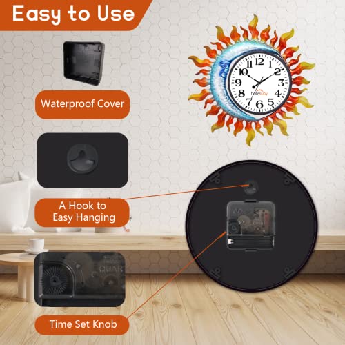 Hobyluby 13'' Metal Outdoor Thermometer & Outdoor Clock, Sun Wall Thermometer With Humidity And Wall Clock Silent Non-Ticking For Garden, Home Decor #TOP6