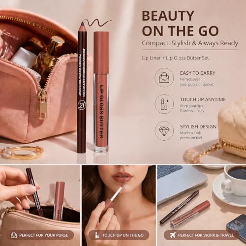 Image of 2PCS Lip Gloss with Brown Lip Liner Lip Combo Set - Caramel Latte Soft Brown Nude Shade for Chic Daily Makeup, Lip Plumping Effect, High Shine Gloss Finish, Overlined Lips for Fuller Looking Lips