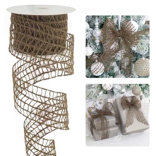 HUIHUANG Brown Burlap Wired Ribbon 2.5 inch Rustic Burlap Jute Netting Ribbon for Christmas Tree, Wreaths, Trees, Fall Decor, Gift Wrapping, Garlands, Home Decor- 10 Yards