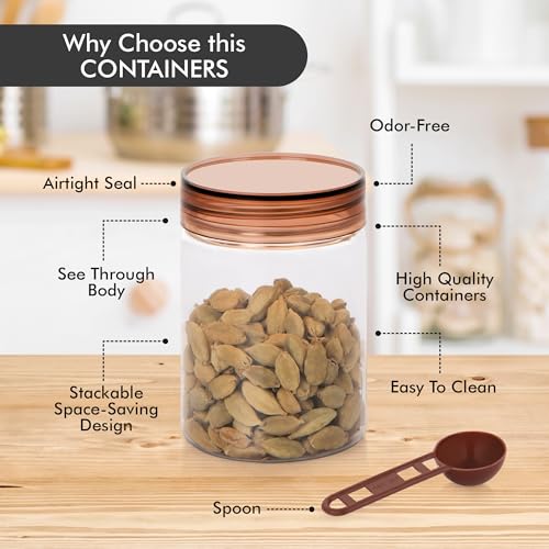 Image of Homeor Plastic Storage Jar & Containers With Spoon, Airtight & BPA Free Containers for Kitchen Storage, Grocery Kitchen Container, Multipurpose Jar, Fridge Storage Container, 300 ML Set 12, Brown