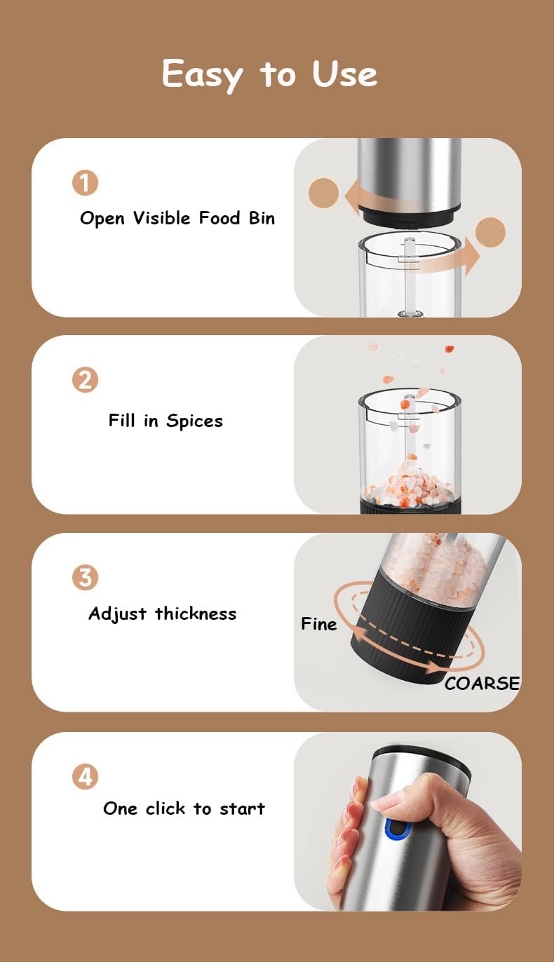 USB-C Rechargeable Electric Salt & Pepper Grinder Set (2 Pack) – One-Handed Automatic Mills with LED Battery Indicator & 5 Adjustable Coarseness Levels, Stainless Steel
