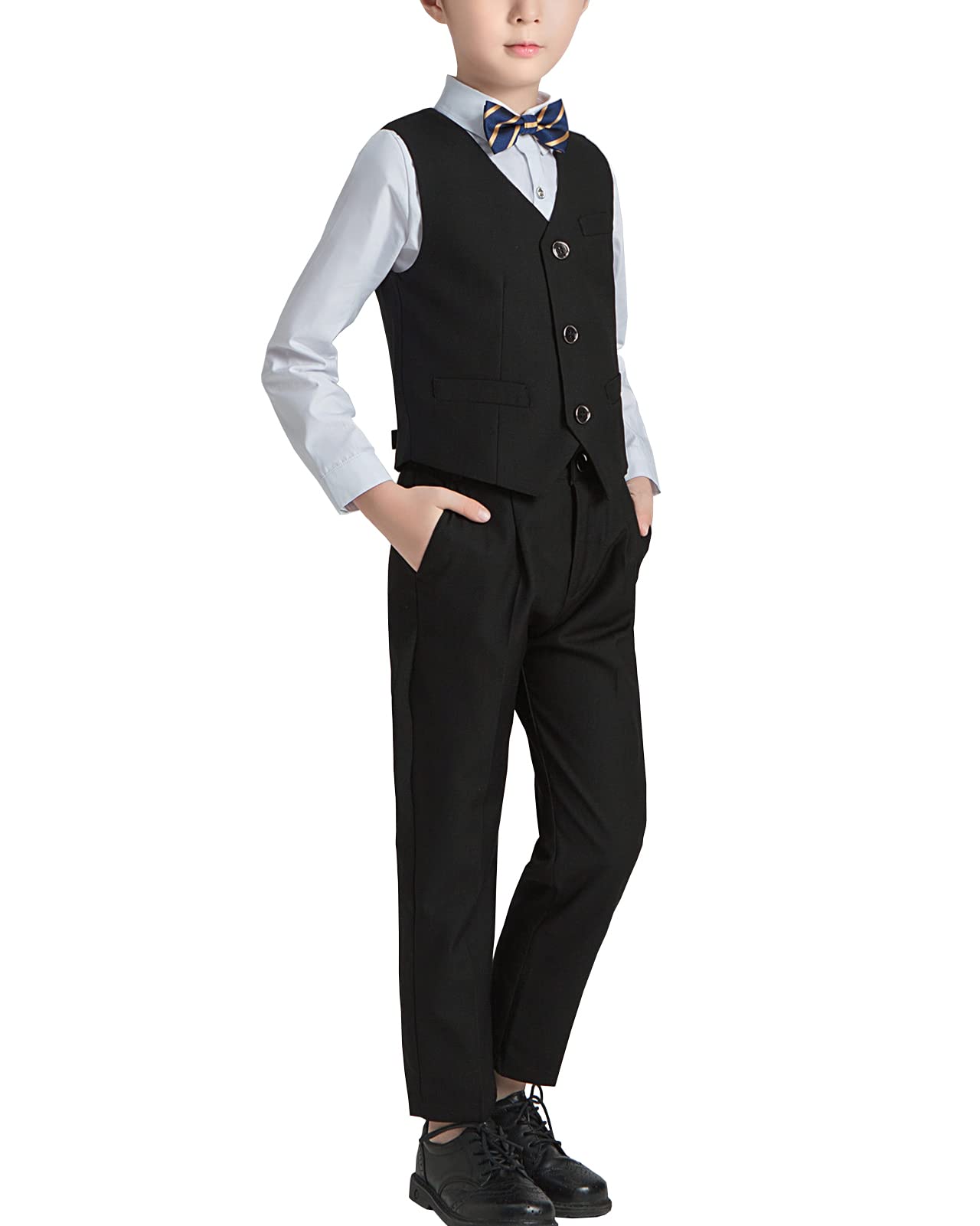 3/4 Piezas Traje de Boda para Niño Gentleman Ceremonia Conjunto, Camisa de Manga Larga, Pajarita, Chaleco de Vestir, Pantalones