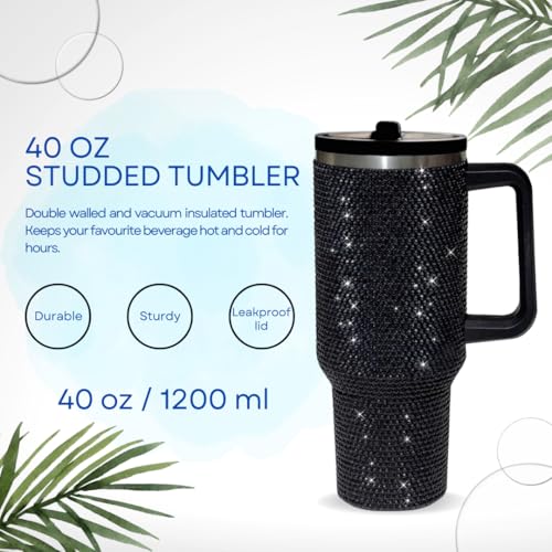 Image of 40 Oz Rhinestone Tumbler with Handle and Flip Straw | Insulated Stainless Steel Double Layer Bling Tumbler | Leak Proof Glitter Tumbler for Women | Reusable 1200ml Travel Bling Cups Black