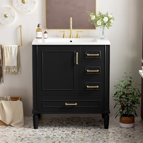 Elysionix 30\" Bathroom Vanity with Ceramic Sink, Modern Freestanding Bathroom Vanity Storage Cabinet with Sink Suite Set, Soft Closing Door, Drawers for Bathroom, Black - Thumbnail 7