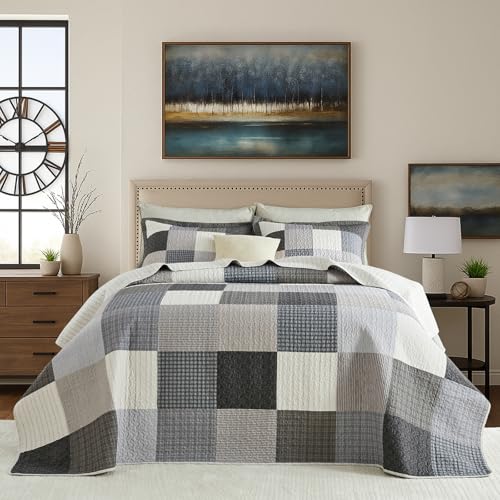 Bedduvit Oversized King Bedspreads 120"x120", 100% Cotton Modern Patchwork Plaid Extra Wide Quilts Bedding Set, Lightweight Quilt King Size, Farmhouse Coverlets Bed Spread, 3pcs, Gray/Beige/Black - image 2