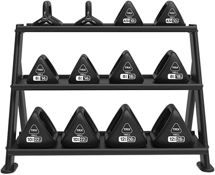 TRX YBell Neoprene Kettlebell Set 12 Piece Bundle with Horizontal Rack | 3-in-1 Kettlebell, Dumbbell, and Push Up Bar Workout Equipment - Commercial Grade Surface Strength Training Kettlebells