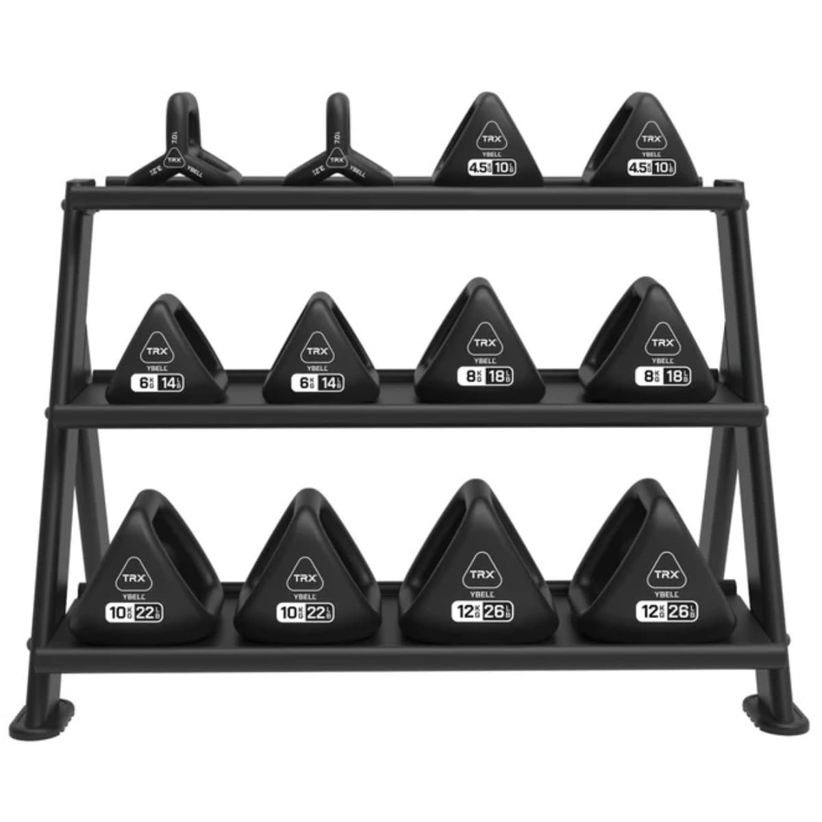 TRX YBell Neoprene Kettlebell Set 12 Piece Bundle with Horizontal Rack | 3-in-1 Kettlebell, Dumbbell, and Push Up Bar Workout Equipment - Commercial Grade Surface Strength Training Kettlebells