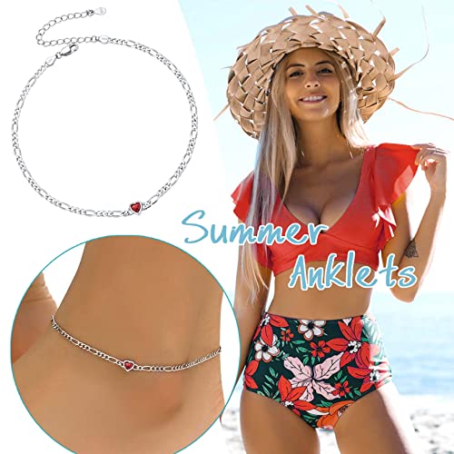 Silvercute Women Girls Barefoot Jewelry Simulated Heart Gem Inlaid 925 Sterling Silver Figaro Chain Anklets #TOP3