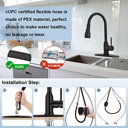 Homikit Black Kitchen Sink Faucet With Pull Down Sprayer, Stainless Steel Kitchen Faucets With Deck Plate For 1 Or 3 Hole, Matte Black High Arc Commercial Faucet For Farmhouse Laundry Utility Rv Bar #TOP5