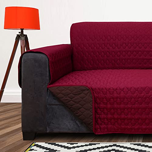 Image of DREAM KING 3 Layers Reversible Sofa Cover Polyester Single Seater Quilted Sofa Cover with Side Pockets Maroon & Coffee
