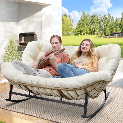 RADIATA Oversized Patio Rocking Chair for 2, Outdoor Double Papasan Chair with Cushion and Frame for Relaxing/Reading, 700 lbs Heavy-Duty, Comfy Wicker Loveseat Recliner for Garden, Deck, Livingroom