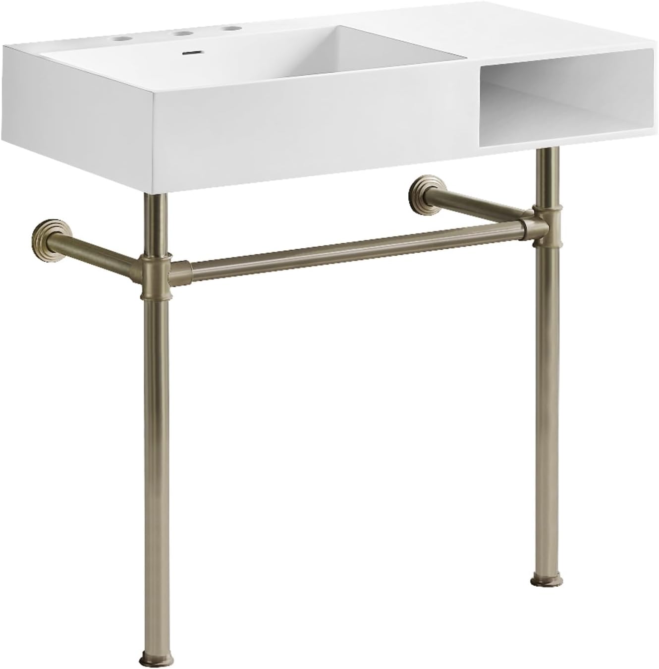 Kingston Brass KVPB3368SQA88 Aurelius 36" Solid Surface Console Sink with Stainless Steel Legs (8-Inch, 3-Hole), Matte White/Brushed Nickel