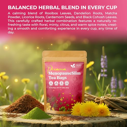Image of FreshDrinkUS, MenopauseSlim 40 Tea Bags - Herbal Blend with Rooibos, Dandelion Root, Matcha, Licorice, Cardamom & Black Cohosh - Smooth, Earthy Flavor - Premium Quality, Naturally Caffeine-Free Tea