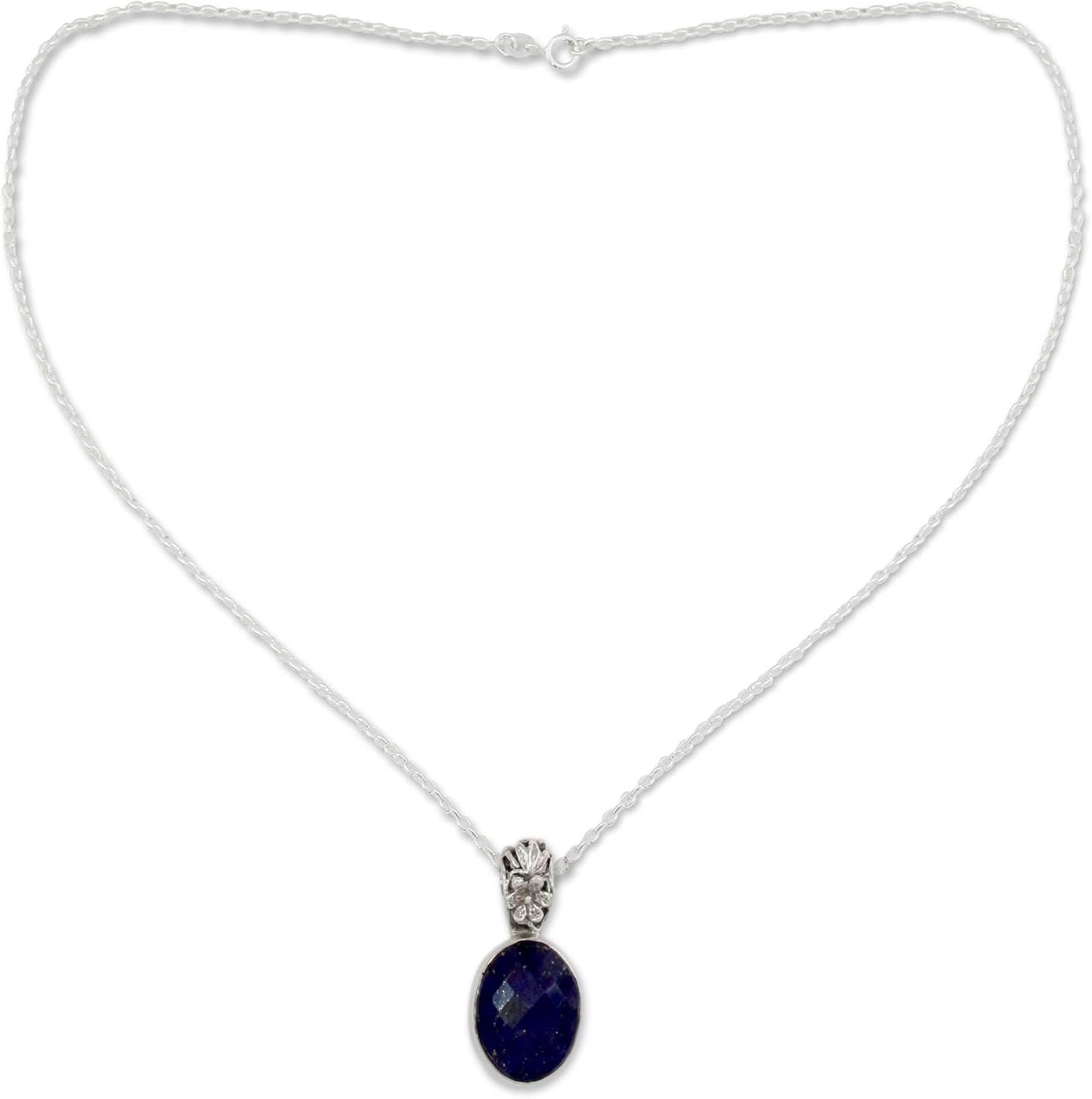 NOVICA Handmade .925 Sterling Silver Lapis Lazuli Pendant Necklace Artisan Blue India Snorkel Floral Birthstone 'Floral Facets'